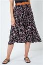 Black Floral Print Belted Midi Skirt, Image 5 of 5