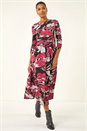 Red Floral Print Pocket Midi Dress, Image 2 of 5