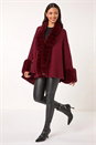 Wine Faux Fur Trim Knitted Poncho, Image 3 of 5