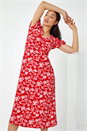 Red Floral Print Lace Back Midi Dress, Image 1 of 5