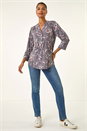 Grey Floral Puff Print Stretch Shirt, Image 2 of 5