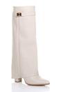 Beige AJVANI Beige High Block Heel Pointed Toe Fold Over Knee Boots, Image 2 of 4
