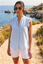 Blue Stripe Print Frill Sleeve Blouse, Image 2 of 4
