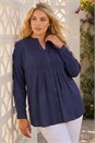 Navy Curve Lace Trim Pintuck Blouse, Image 1 of 4