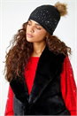 Black Diamante Pom Pom Beanie Hat, Image 1 of 5