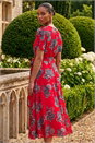 Red Floral Print Pleat Neck Midi Dress, Image 3 of 4