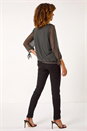 Khaki Burnout Print V-Neck Overlay Mesh Top, Image 3 of 5