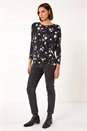Black Floral Print Drop Shoulder Stretch Top, Image 2 of 5