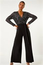 Black Sequin Wrap V-Neck Stretch Jumpsuit, Image 4 of 6
