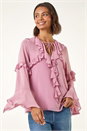 Lavender Chiffon Tie Neck Ruffle Tunic Top, Image 4 of 5