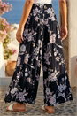 Black Floral Elastic Waist Wide Leg Palazzo Trousers, Image 3 of 4
