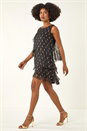 Black Shimmer Foil Print Tiered Dress, Image 3 of 6