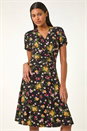 PINK Floral Stretch Ring Detail Midi Dress, Image 1 of 5