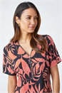 ORANGE Leaf Print Zip Detail V-Neck Stretch Top, Image 4 of 5