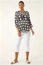 Black Geometric Print V-Neck Stretch Blouse, Image 2 of 5