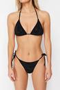 Black WOVCOR Black Micro Pattern Triangle Bikini Set with Tie Side Bottom and Halterneck, Image 4 of 5