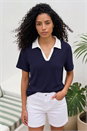 Navy  Cotton Collar V-Neck Top , Image 2 of 4