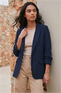 Navy Ruched 3/4 Sleeve Blazer Jacket, Image 1 of 4