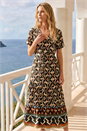 Black Petite Abstract Print V-Neck Midi Dress, Image 2 of 4
