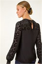 Black Animal Print Velvet Puff Sleeve Jersey Top, Image 2 of 5