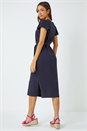Navy  Ruffle Sleeve Belted Cotton Midi Dress, Image 3 of 5