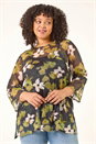 Green Curve Floral Print Mesh Top, Image 1 of 5