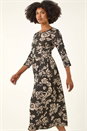 Black Floral Pocket Stretch Midi Dress, Image 4 of 5
