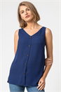 Blue V-Neck Button Front Sleeveless Top, Image 1 of 4