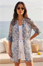 Blue Petite Leaf Print Longline Shirt, Image 1 of 4
