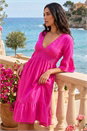 Fuchsia Linen Look Shirred Midi Dress, Image 1 of 4