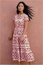 Wine Petite Print Elasticated Waist Midi Dress , Image 1 of 4