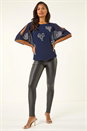Navy  Bow Embellished Cold Shoulder Top, Image 3 of 6