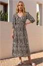 Black Abstract Print V-Neck Midi Dress, Image 2 of 4