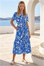 Royal Blue Floral Print Tie Waist Midi Dress, Image 2 of 4