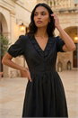 Black Textured Frill Midi Dress, Image 1 of 3