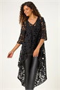 Black Lace Detail HighLow Hem Button Up Blouse, Image 2 of 5