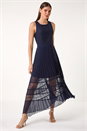 Navy Pleated Lace Detail Midi Dress, Image 1 of 6