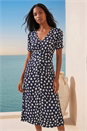 Navy Heart Print Ruched Midi Dress, Image 1 of 4