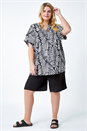 Black Curve Leaf Print Notch Neck Tunic Top, Image 2 of 5