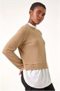 Camel  Frill Neck Contrast Jersey Top, Image 2 of 5