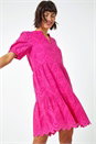 Fuchsia Embroidered Tiered Cotton Smock Dress, Image 1 of 6