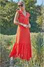 Red Polka Dot Frilly Midi Dress, Image 1 of 5