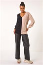 Natural  V-Neck Colour Block Knit Jumper, Image 2 of 7