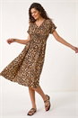 Tan Animal Print Shirred Midi Dress, Image 1 of 5