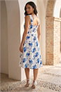 Blue Floral Tie Waist Midi Dress, Image 3 of 4