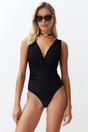 Black Plunge Wrap Front Ruched Waist Swimsuit, Image 1 of 5