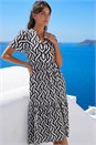 Black Geometric Print Tiered Midi Dress, Image 1 of 4