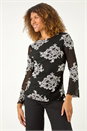 Black Floral Mesh Sleeve Stretch Top, Image 2 of 5