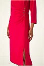 Red Ruched Button Shirt Stretch Midi Dress, Image 5 of 5