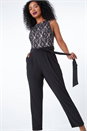 Black Petite Lace Belted Stretch Jumpsuit, Image 1 of 5